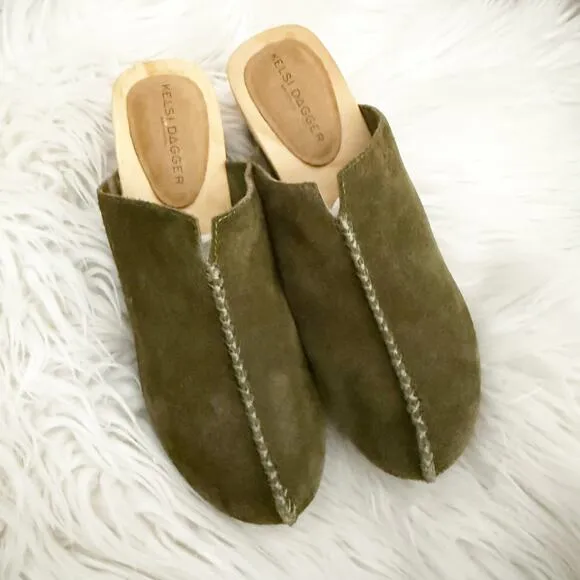 KELSI DAGGER x ANTHROPOLOGIE | Brooklyn Journal Clogs Olive Green Mules | Size 7
