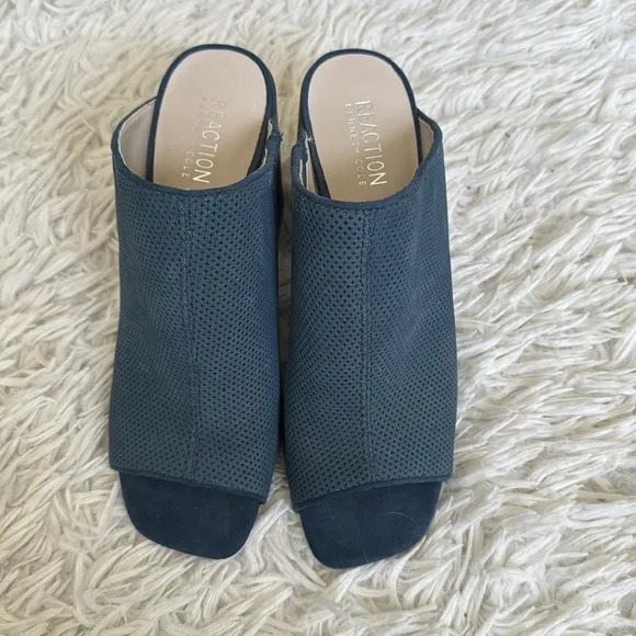 Kenneth Cole Blue Suede Leather Top Notch Block Heel Mules Size 7.5