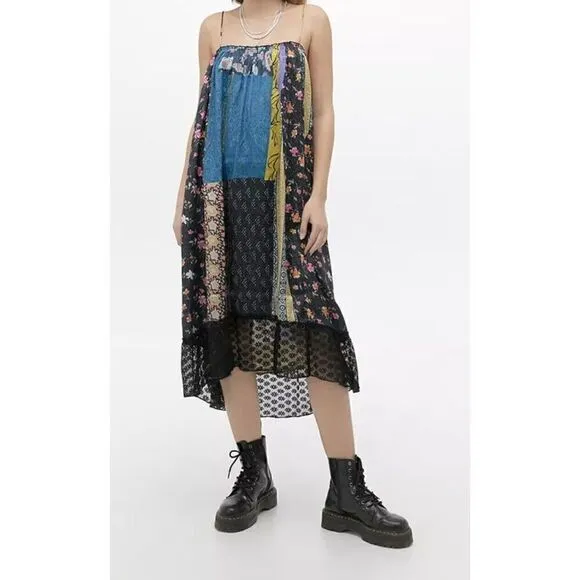 Kimchi Blue Womens Small Midi Yellow Blue Boho Dress Mixed Pattern Slip Dress