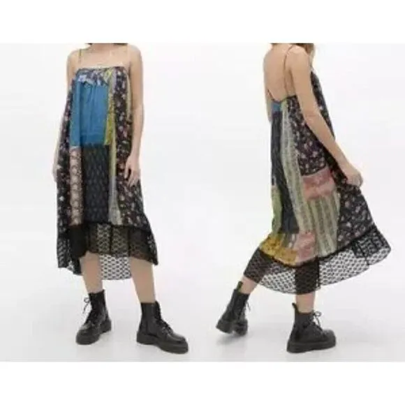 Kimchi Blue Womens Small Midi Yellow Blue Boho Dress Mixed Pattern Slip Dress