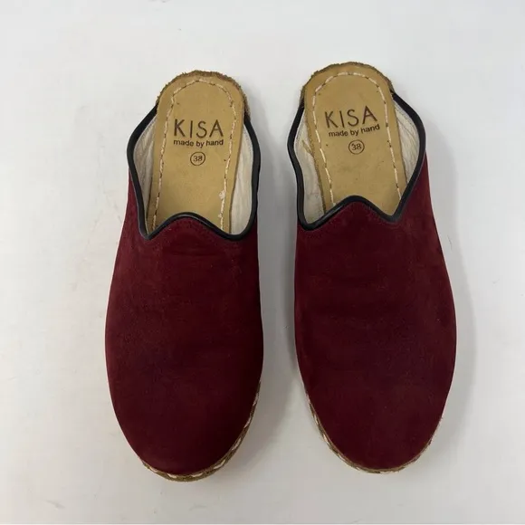 KISA Made By Hand Nubuck Leather Mules With Trim Trending Burgundy Fall 38 EU