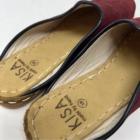 KISA Made By Hand Nubuck Leather Mules With Trim Trending Burgundy Fall 38 EU