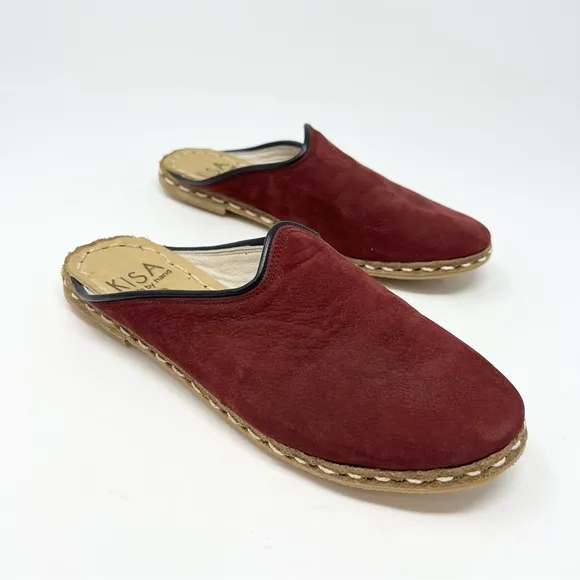 KISA Made By Hand Nubuck Leather Mules With Trim Trending Burgundy Fall 38 EU