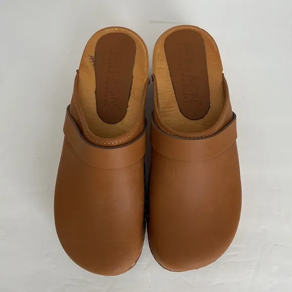 Klägn Women’s Swedish Comfort Tuva Wood Leather Clogs Camel 39 (8.5-9)
