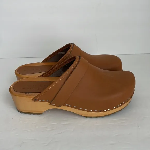 Klägn Women’s Swedish Comfort Tuva Wood Leather Clogs Camel 39 (8.5-9)