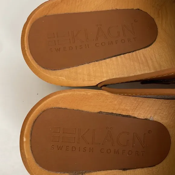 Klägn Women’s Swedish Comfort Tuva Wood Leather Clogs Camel 39 (8.5-9)