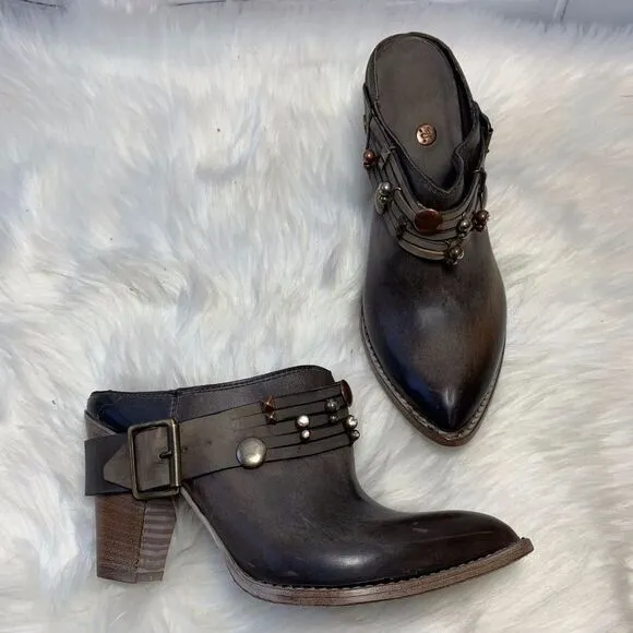 Kobra Bronze Leather Stacked Heel Mules Size 7