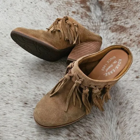 KORK-EASE Charly Women's Fringe Block Heel Western Suede Mules in Tan Size 9