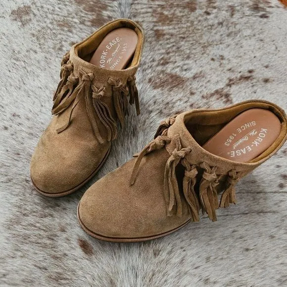 KORK-EASE Charly Women's Fringe Block Heel Western Suede Mules in Tan Size 9