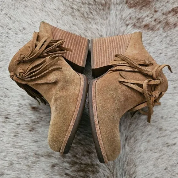 KORK-EASE Charly Women's Fringe Block Heel Western Suede Mules in Tan Size 9