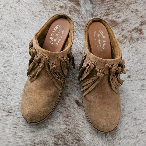 KORK-EASE Charly Women's Fringe Block Heel Western Suede Mules in Tan Size 9