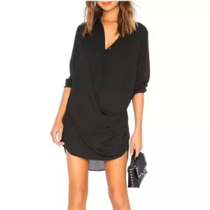 KRISA Drape Button Front Long Sleeve MiniShirt Dress Black LBD Revolve Sz L