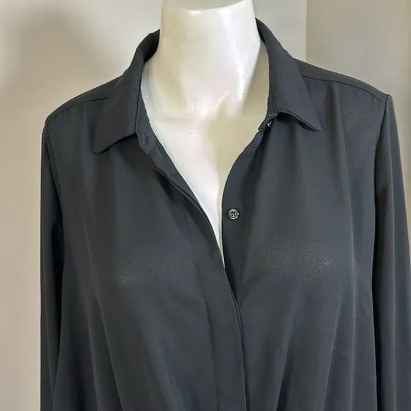 KRISA Drape Button Front Long Sleeve MiniShirt Dress Black LBD Revolve Sz L