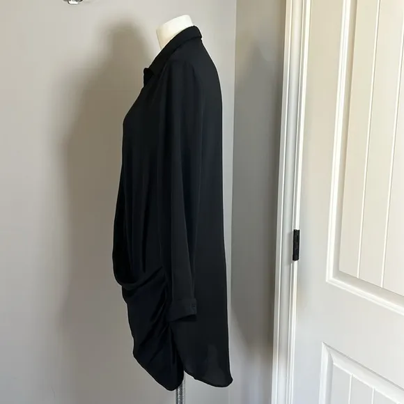 KRISA Drape Button Front Long Sleeve MiniShirt Dress Black LBD Revolve Sz L