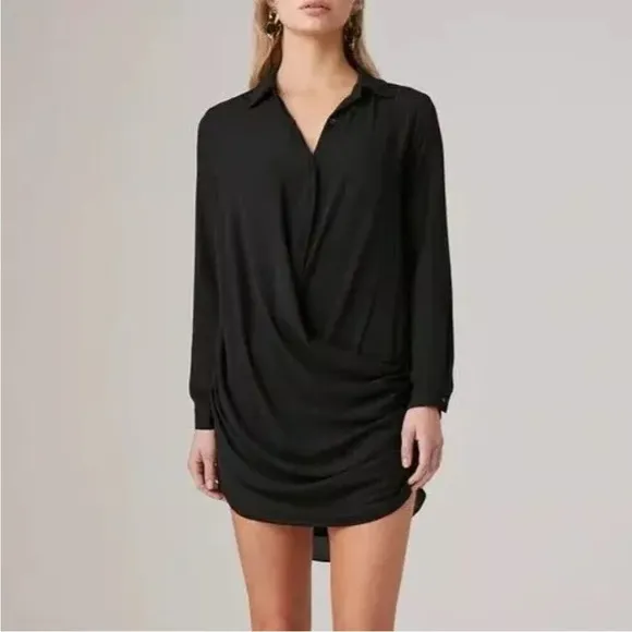 KRISA Drape Button Front Long Sleeve MiniShirt Dress Black LBD Revolve Sz L