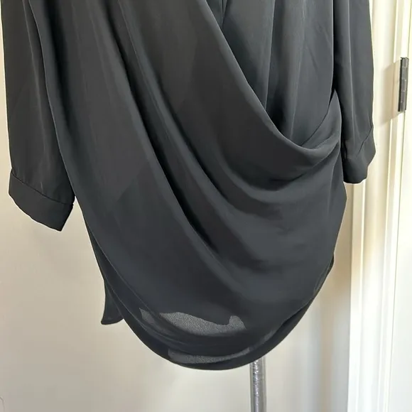 KRISA Drape Button Front Long Sleeve MiniShirt Dress Black LBD Revolve Sz L