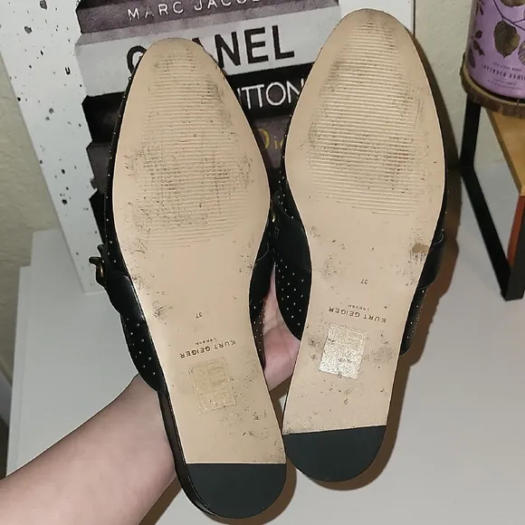 Kurt Geiger Black and Gold Mules