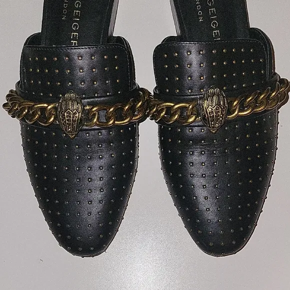 Kurt Geiger Black and Gold Mules