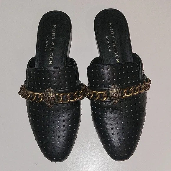 Kurt Geiger Black and Gold Mules