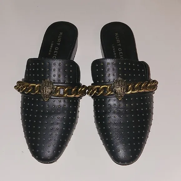 Kurt Geiger Black and Gold Mules