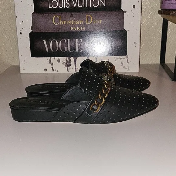 Kurt Geiger Black and Gold Mules