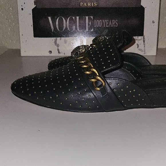 Kurt Geiger Black and Gold Mules
