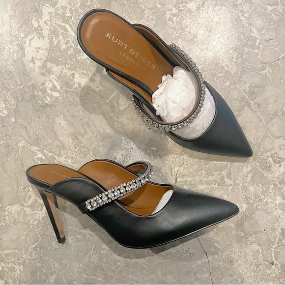Kurt Geiger BLACK Duke Embellished High Heel Mules, Size EU 39 EXCELLENT!