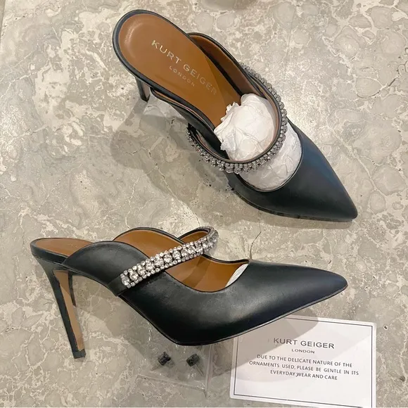 Kurt Geiger BLACK Duke Embellished High Heel Mules, Size EU 39 EXCELLENT!