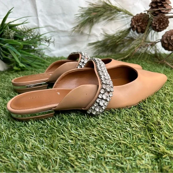 KURT GEIGER LONDON PRINCELY Camel Leather Crystal Strap Flat Mules size 8 new