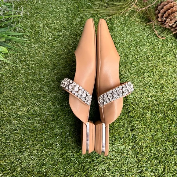KURT GEIGER LONDON PRINCELY Camel Leather Crystal Strap Flat Mules size 8 new