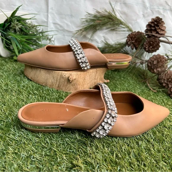 KURT GEIGER LONDON PRINCELY Camel Leather Crystal Strap Flat Mules size 8 new