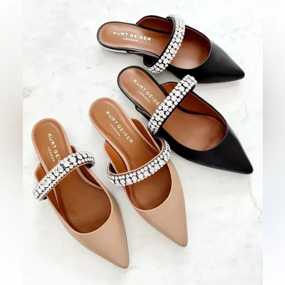 KURT GEIGER LONDON PRINCELY Camel Leather Crystal Strap Flat Mules size 8 new