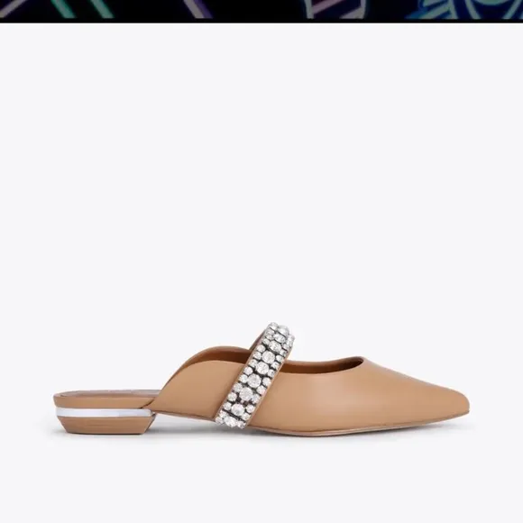 KURT GEIGER LONDON PRINCELY Camel Leather Crystal Strap Flat Mules size 8 new