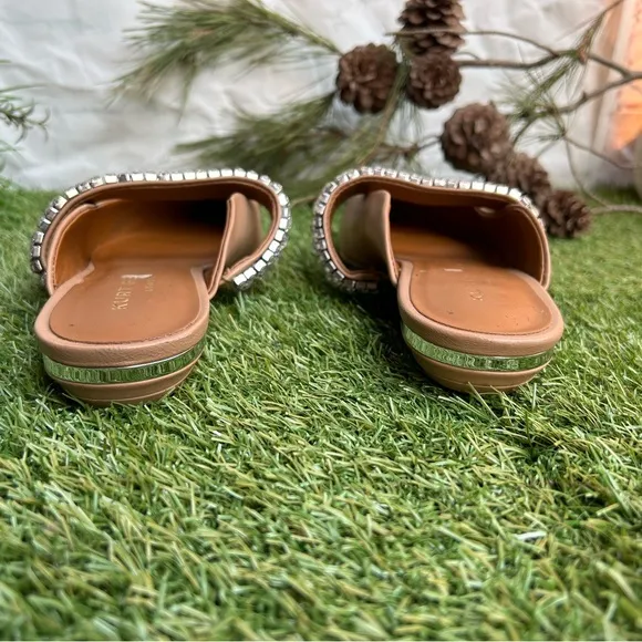 KURT GEIGER LONDON PRINCELY Camel Leather Crystal Strap Flat Mules size 8 new