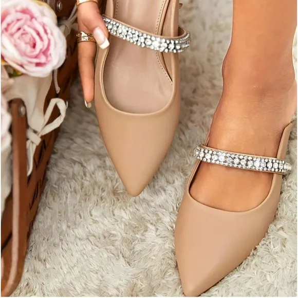 KURT GEIGER LONDON PRINCELY Camel Leather Crystal Strap Flat Mules size 8 new
