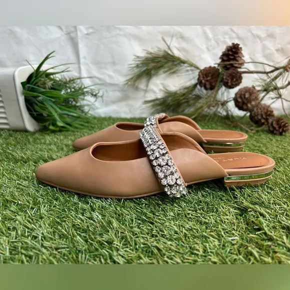 KURT GEIGER LONDON PRINCELY Camel Leather Crystal Strap Flat Mules size 8 new