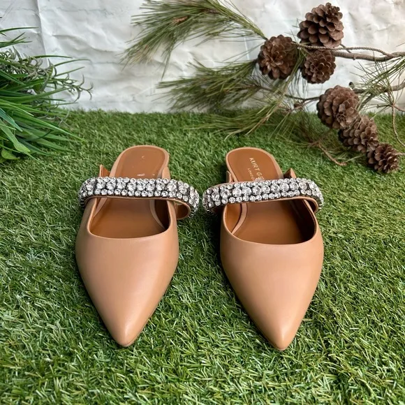KURT GEIGER LONDON PRINCELY Camel Leather Crystal Strap Flat Mules size 8 new