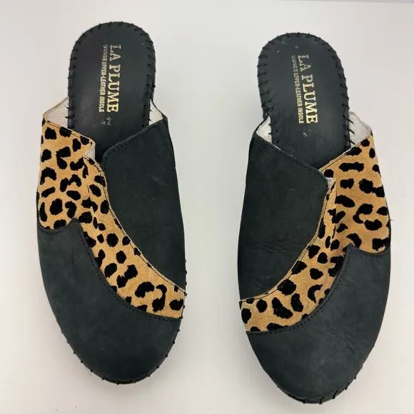 La Plume Black Patch Cheetah Print Leather Block Heel Mules Sz 42 (11.5-12)