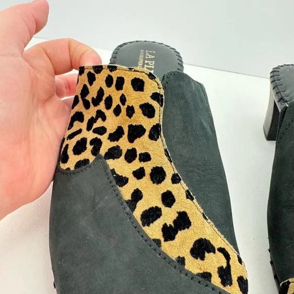 La Plume Black Patch Cheetah Print Leather Block Heel Mules Sz 42 (11.5-12)