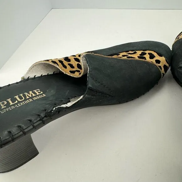 La Plume Black Patch Cheetah Print Leather Block Heel Mules Sz 42 (11.5-12)