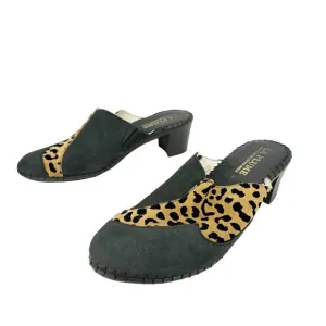La Plume Black Patch Cheetah Print Leather Block Heel Mules Sz 42 (11.5-12)