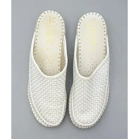 La Plume White Leather Italian Sandal Size 8.5 / 39 Slip-on Mule Woven
