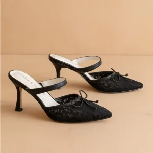 Lace Pointed Toe Kitten Heel Mules - Oasis Society