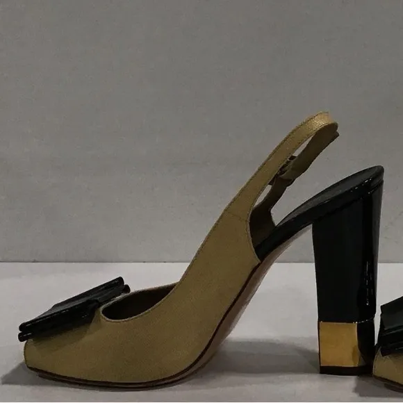 Ladies Valentino Garavani Beige/Black Leather Peep Toe Slingback Heels Size 40