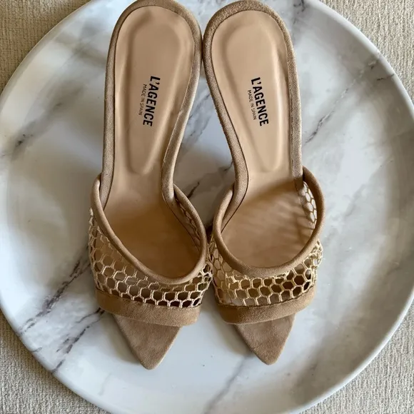 L'AGENCE Romilly Netted Suede Mules Tan Size 39