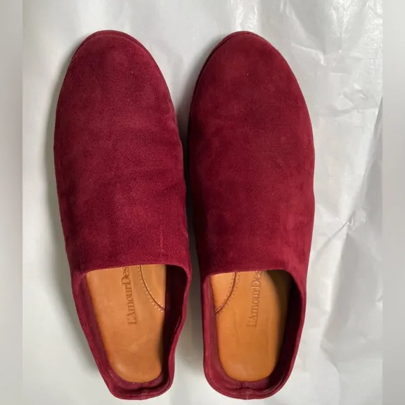 L'Amour Des Pieds Bingwen Suede Mules Clogs Mulberry Burgundy Comfort Sz 8.5 EUC