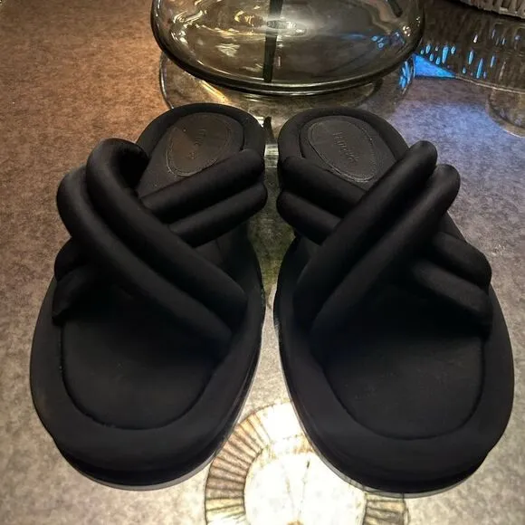 Larroudé Cali flat mules in black Lycra