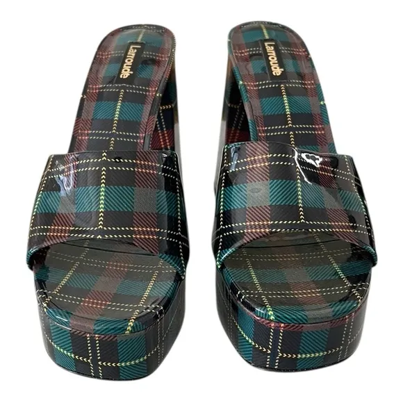 Larroude Dolly Mule Blue Tartan Patent 5” Platforms Plaid Women’s Size 10 luxury
