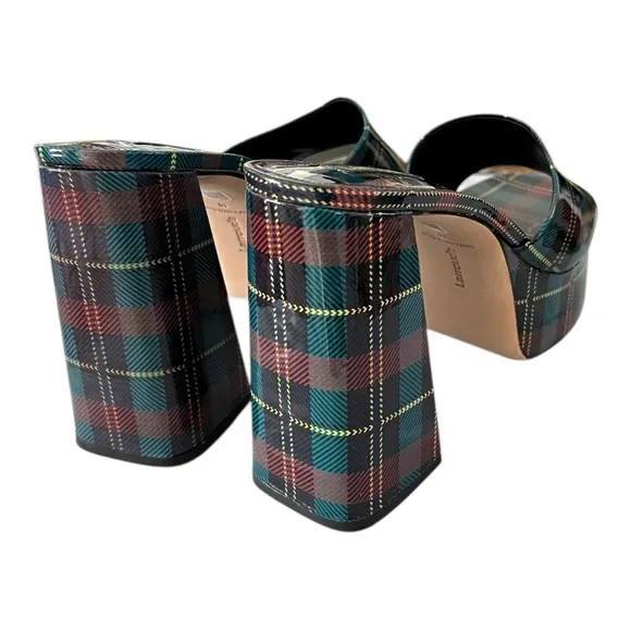 Larroude Dolly Mule Blue Tartan Patent 5” Platforms Plaid Women’s Size 10 luxury