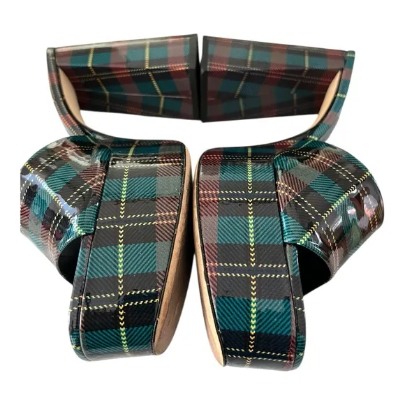 Larroude Dolly Mule Blue Tartan Patent 5” Platforms Plaid Women’s Size 10 luxury